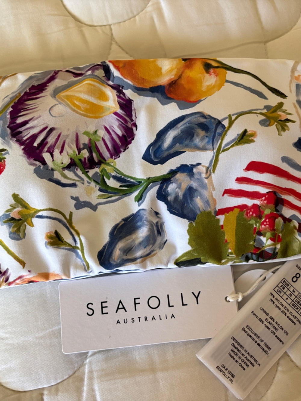 Seafolly White Floral Reversible Bikini Top with Blue, Purple, Orange Accents